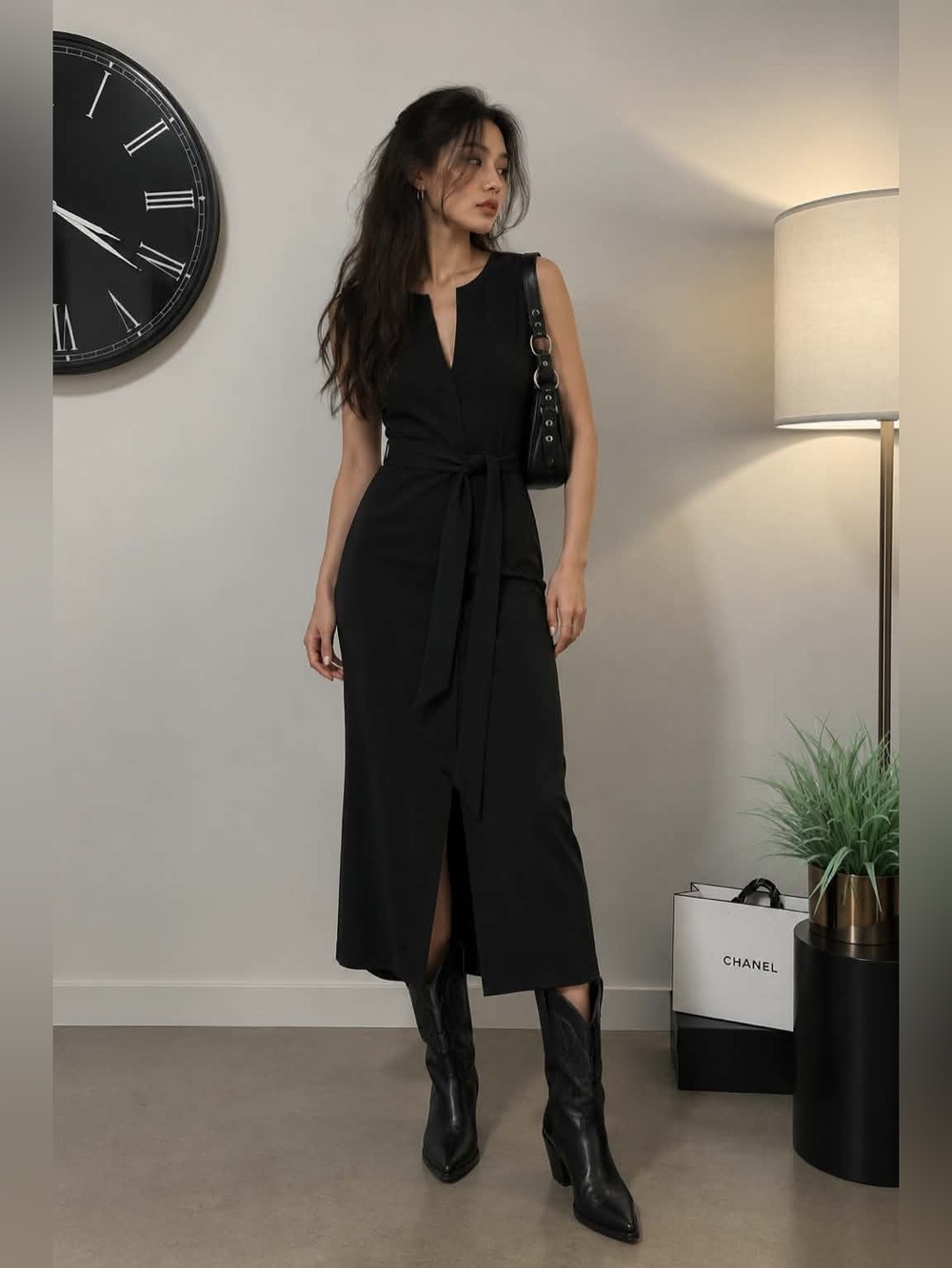 Another Story Sleeveless V-Neck Tie-Waist Midi Dress in Black